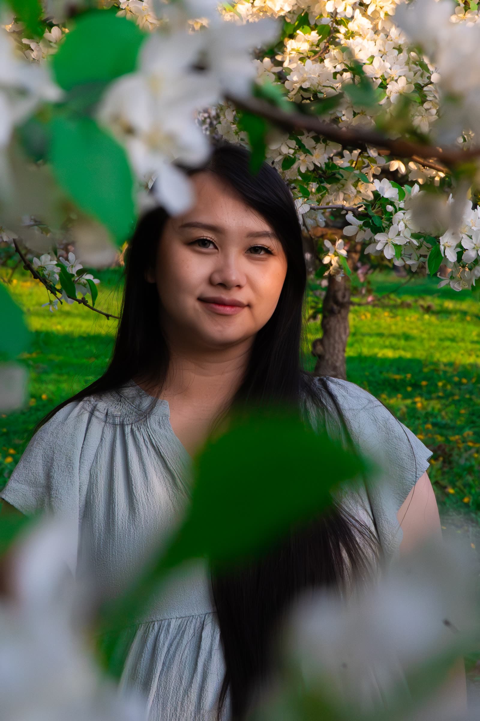Portrait framed through white blossoms and leaves.